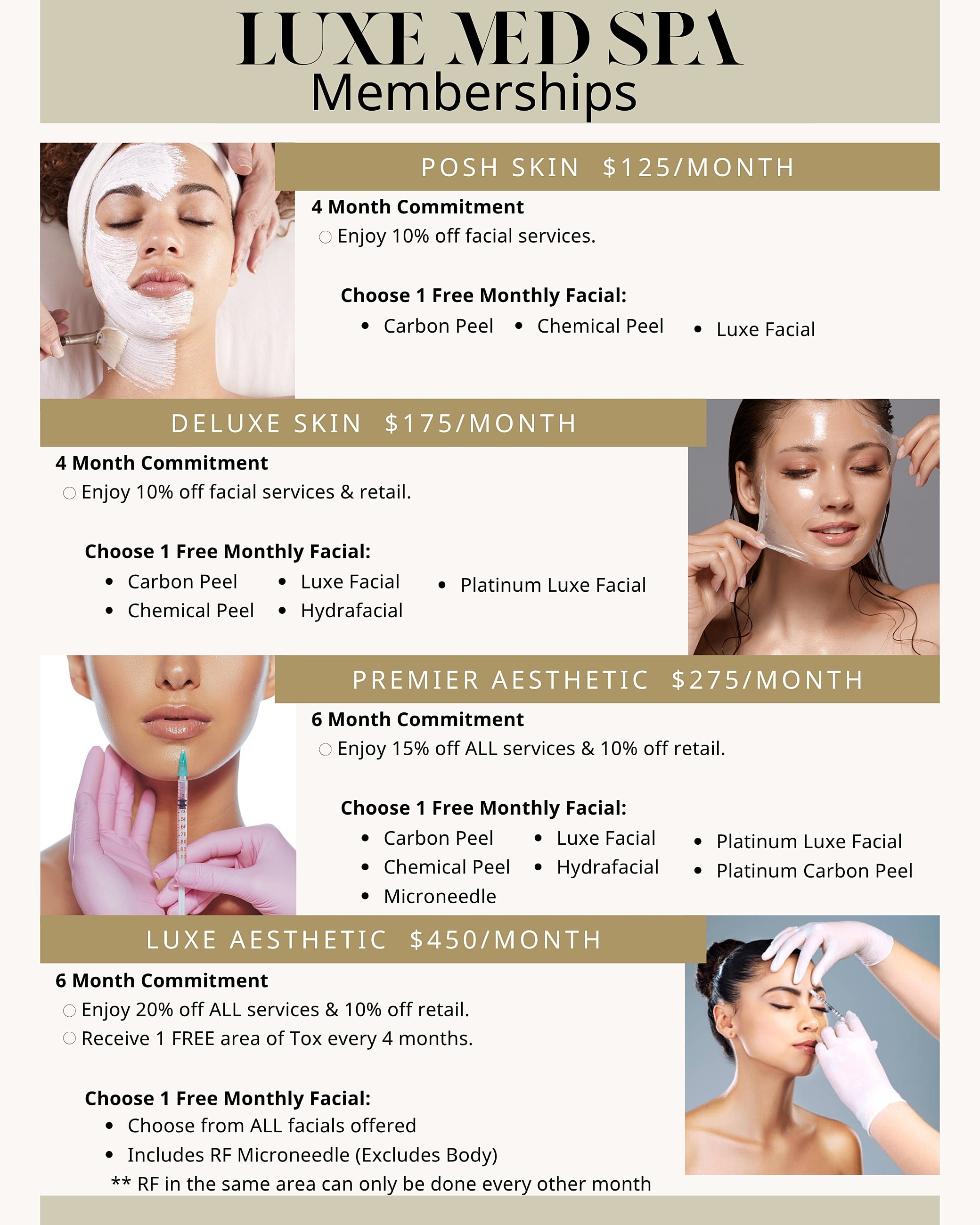 Luxe Med Spa membership options and benefits.