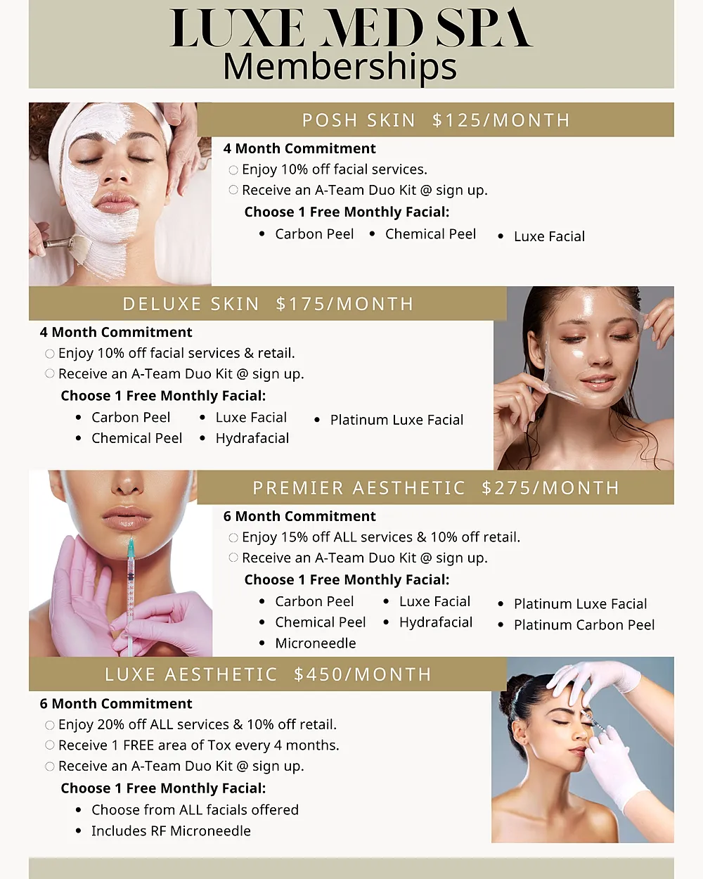 Luxe Med Spa membership options and benefits.